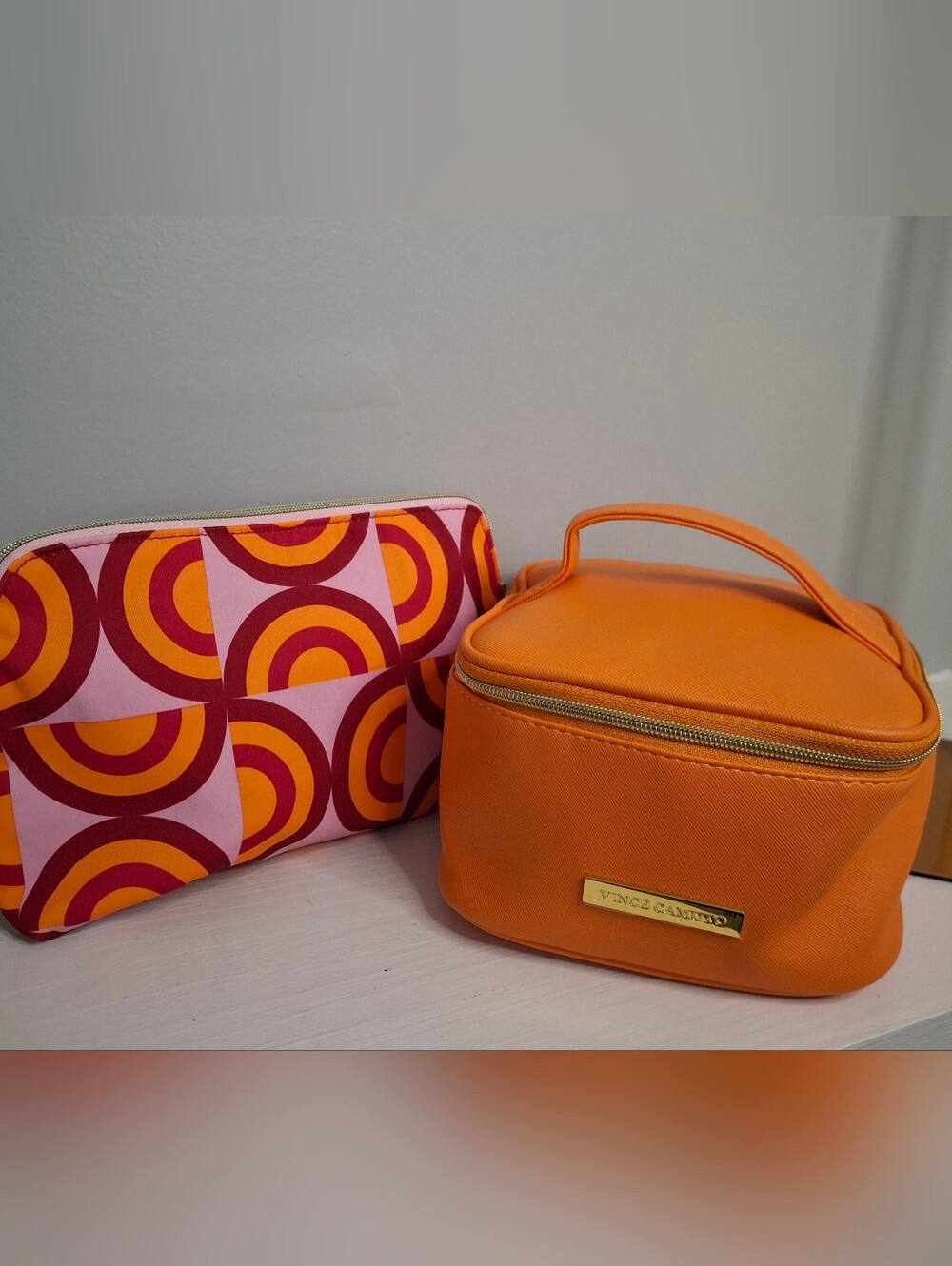 Vince Camuto Orange Travel Case with Coordinating Floral Makeup Pouch Set NWOT
